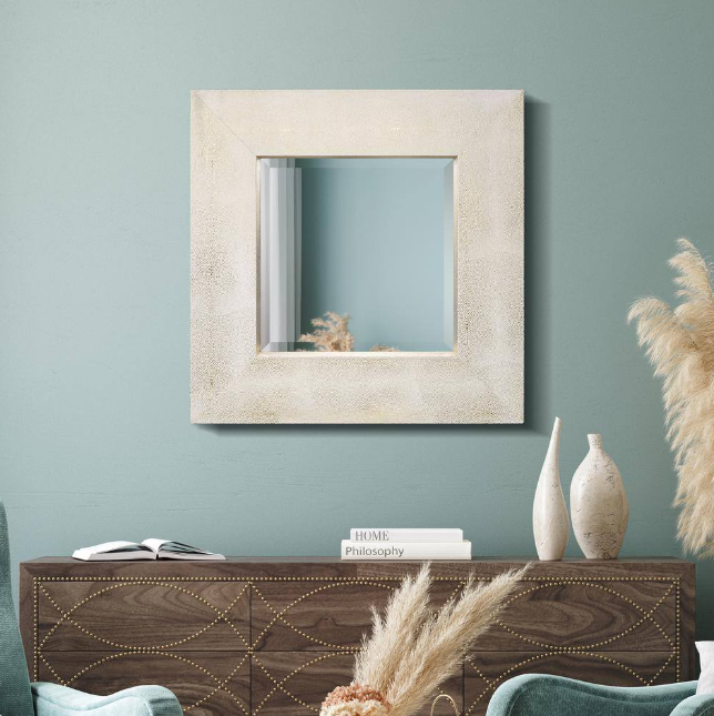 Gold on White Shagreen Leather Beveled Mirror