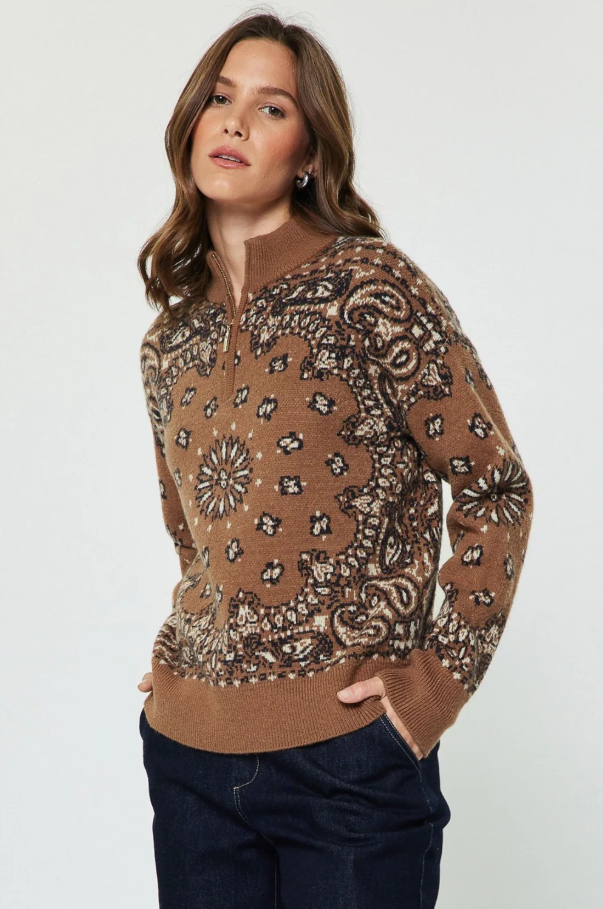 Paisley Jacquard Half-Zip, Caramel