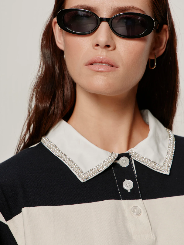 Embellished Striped Polo Tee, Collagen & Black - 13 Hub Lane   |  