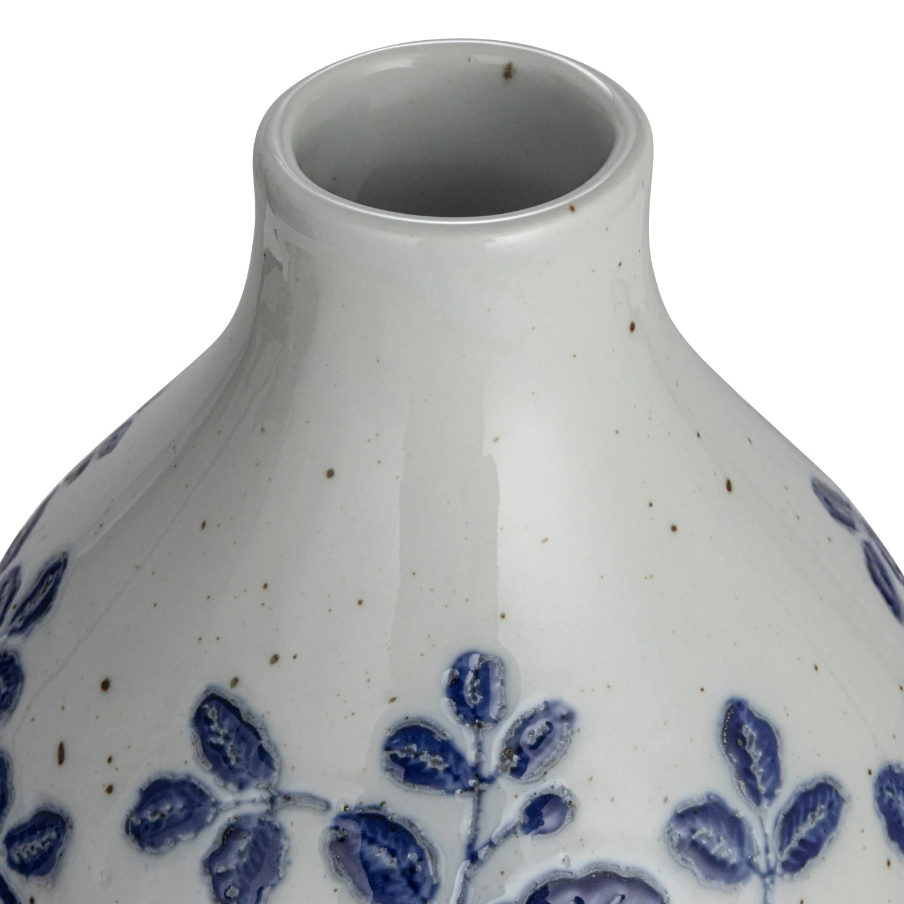 Blue & White Botanical Hand-Painted Stoneware Vase - Thumbnail 2