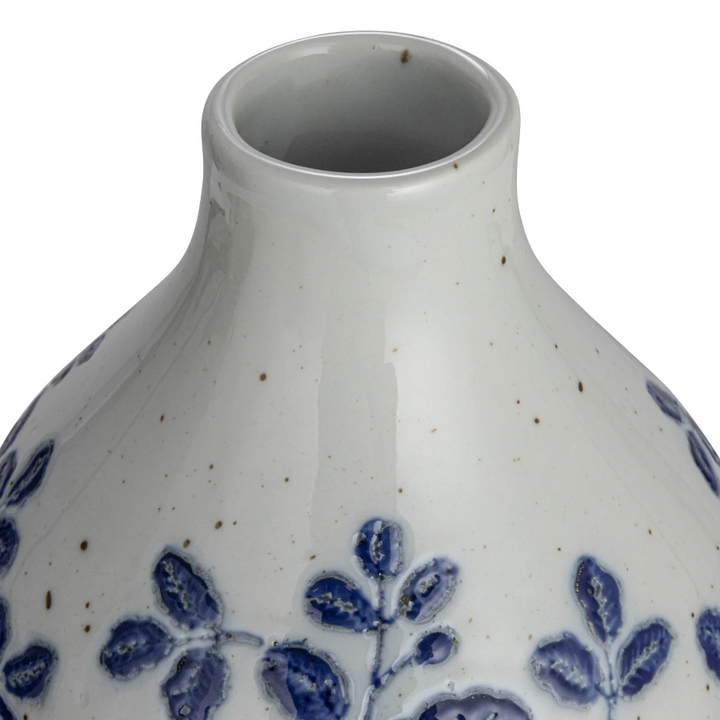 Blue & White Botanical Hand-Painted Stoneware Vase