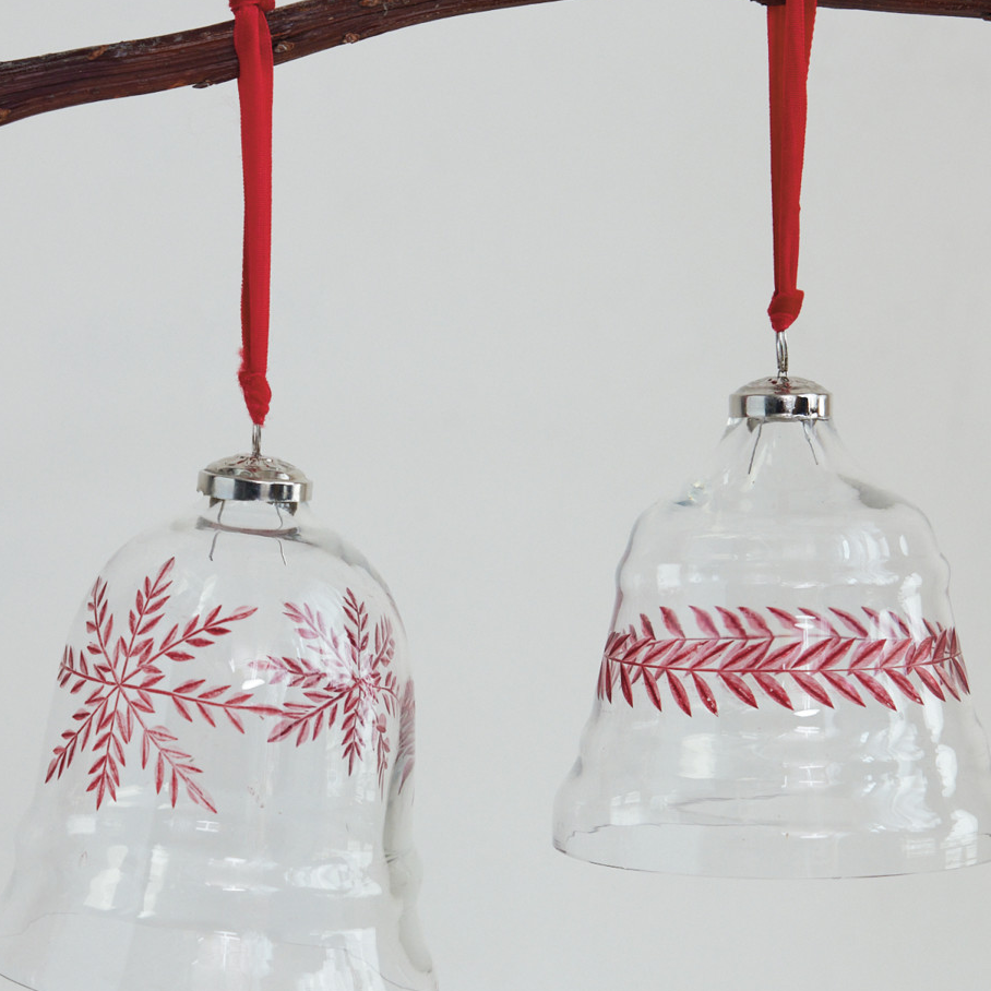 Hand-Blown Etched Glass Bell Ornament w/ Velvet Ribbon