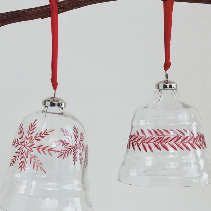 Hand-Blown Etched Glass Bell Ornament w/ Velvet Ribbon