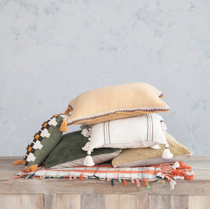 Woven Cotton Pillow w/ Embroidery & Tassels