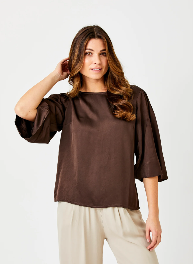 Gina Satin Wide Sleeve Top, Chocolate Brown - 13 Hub Lane   |  Wide Sleeve Tops