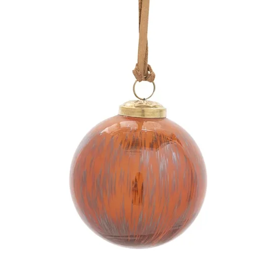 Orange Marbled Glass Ornament w/ Leather Strap