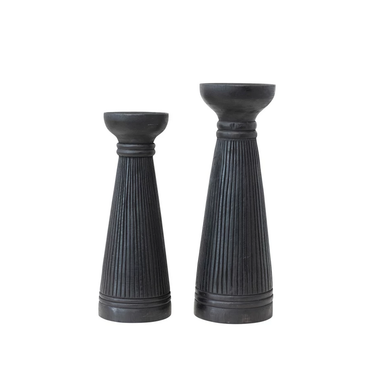 Albasia Wood Ribbed Candle Holder, Black - 13 Hub Lane   |  Wood Candle Holders