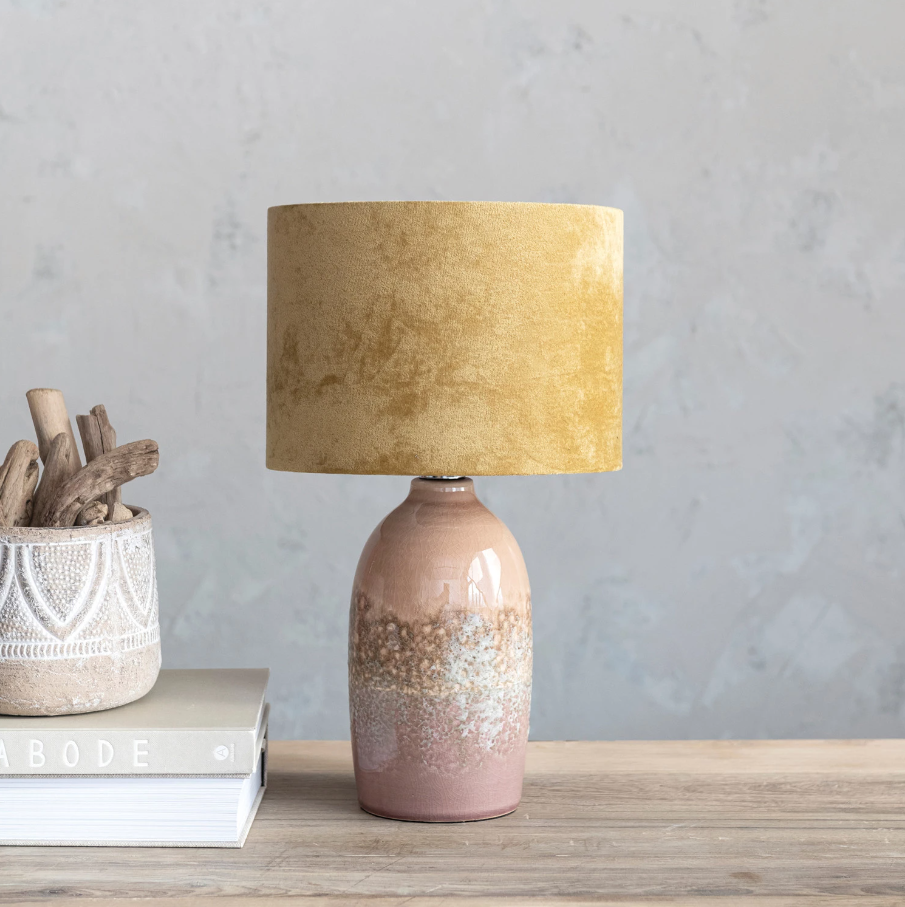 Stoneware Table Lamp w/ Velvet Shade & Inline Switch