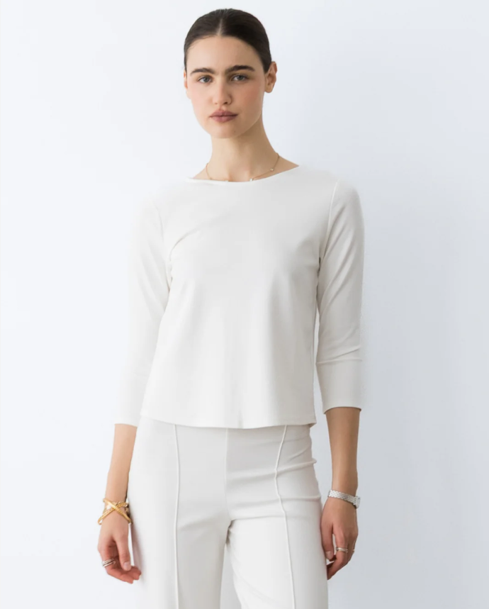 Ponte Knit 3/4 Sleeve Top, Off-White