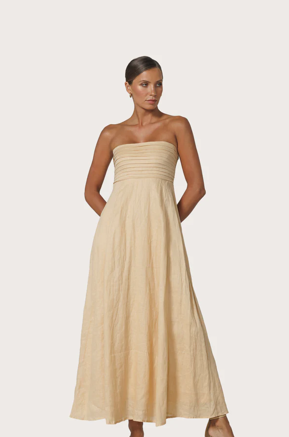 Talia Pintuck Linen Maxi Dress, Champagne