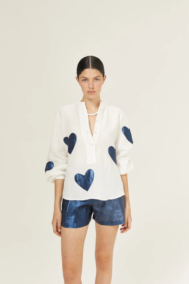 Cupid Linen Shirt, Off-White & Dark Blue - 13 Hub Lane   |  Puff Sleeve Tops