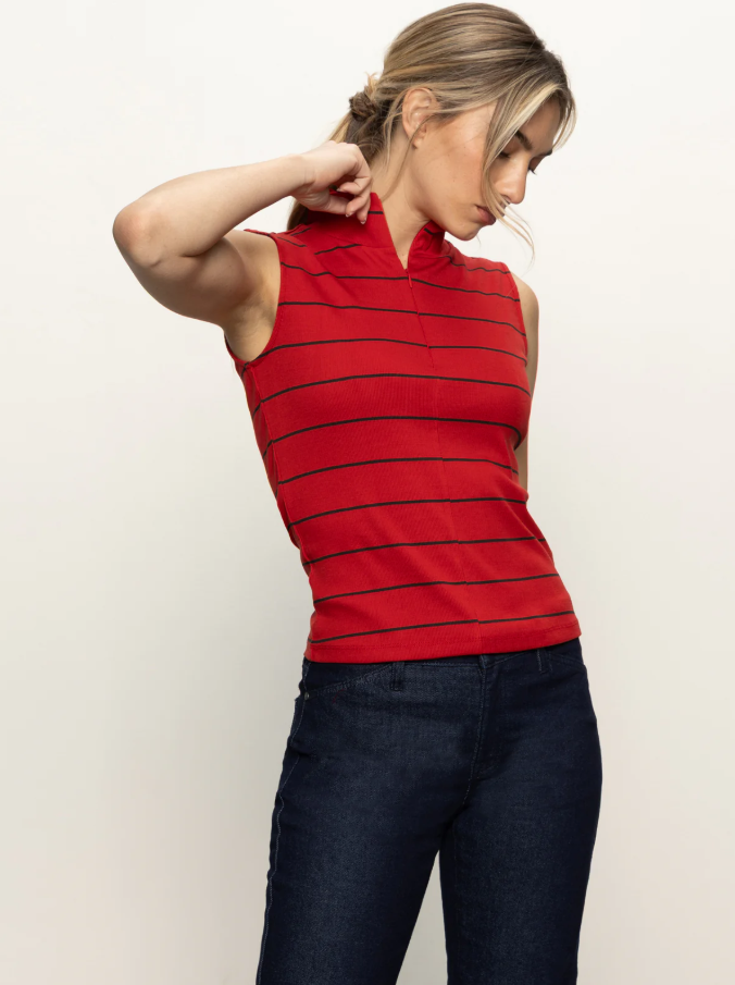Striped Sleeveless Zip Mock Neck Top, Red Energy & Black - 13 Hub Lane   |  Mock Neck Tanks
