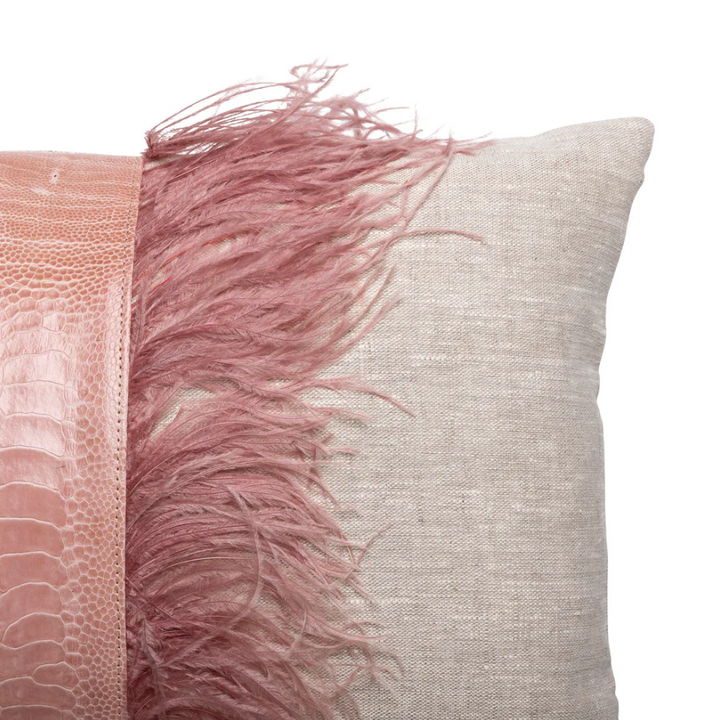 Ostrich Trim Linen Lumbar Pillow, Blush Natural - 13 Hub Lane   |  Ostrich Lumbars