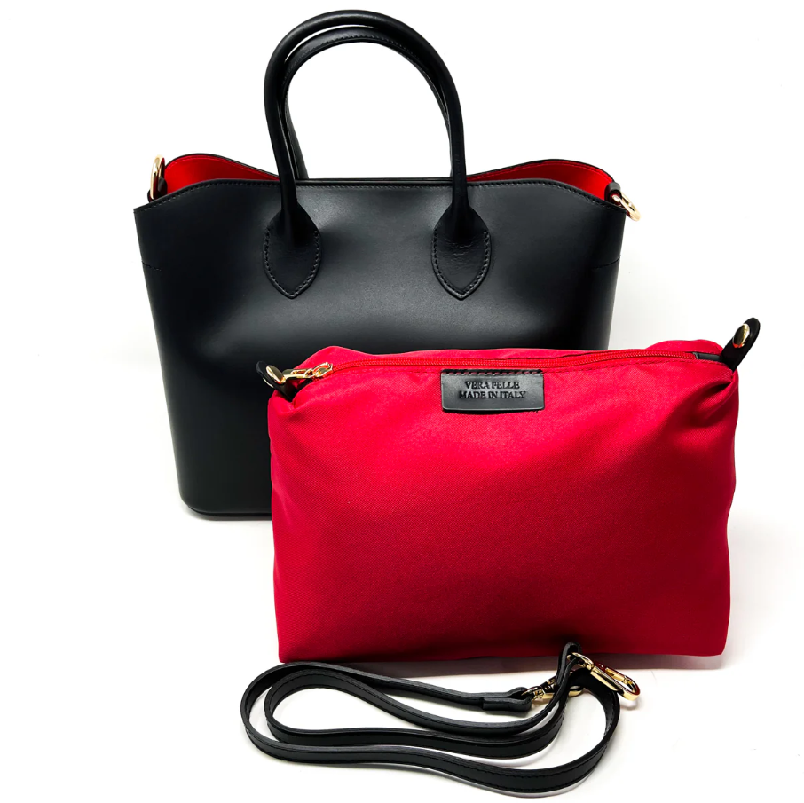 Italian Leather Red Interior Bag, Black