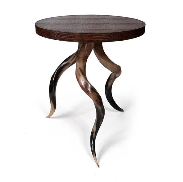 Polished Kudu Horn Table, Embossed Brown Leather