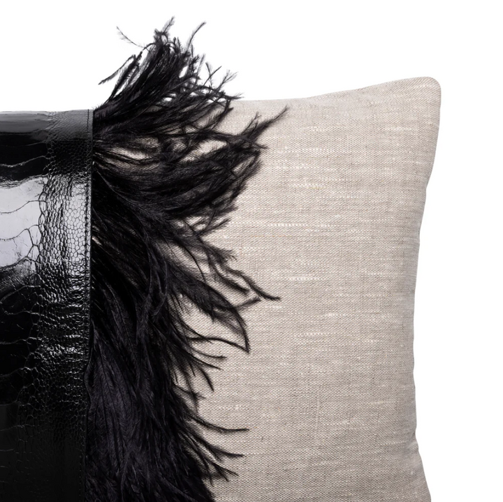 Ostrich Trim Linen Lumbar Pillow, Black Natural - 13 Hub Lane   |  Ostrich Lumbars