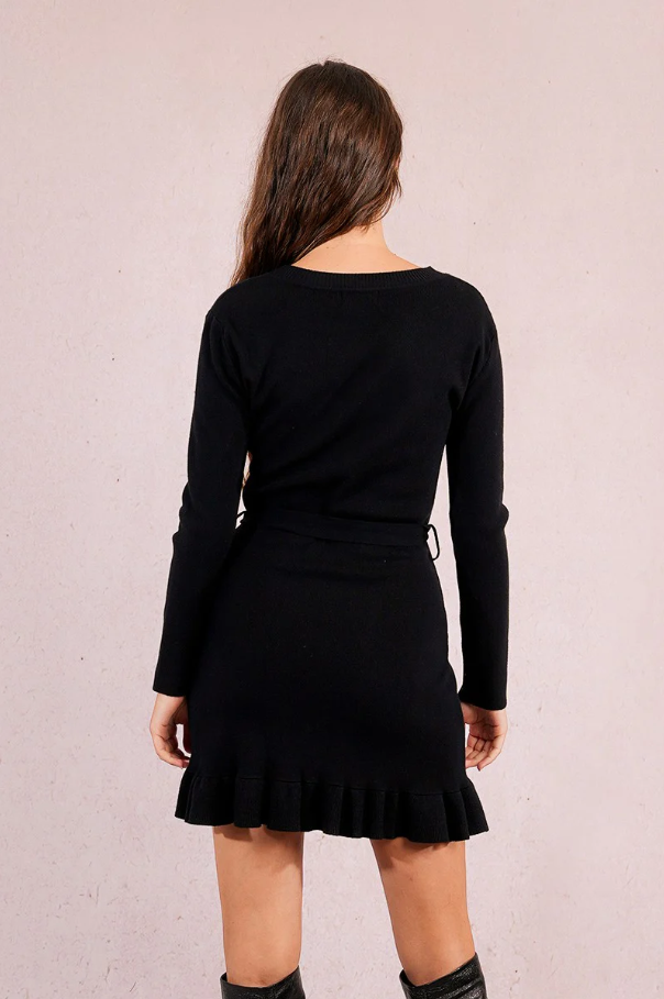 Belted Ruffle Knit Mini, Black - 13 Hub Lane   |  Mini Dresses