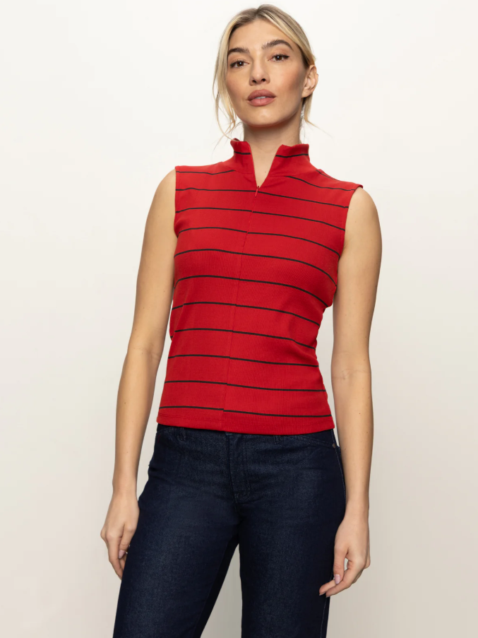 Striped Sleeveless Zip Mock Neck Top, Red Energy & Black - 13 Hub Lane   |  Mock Neck Tanks
