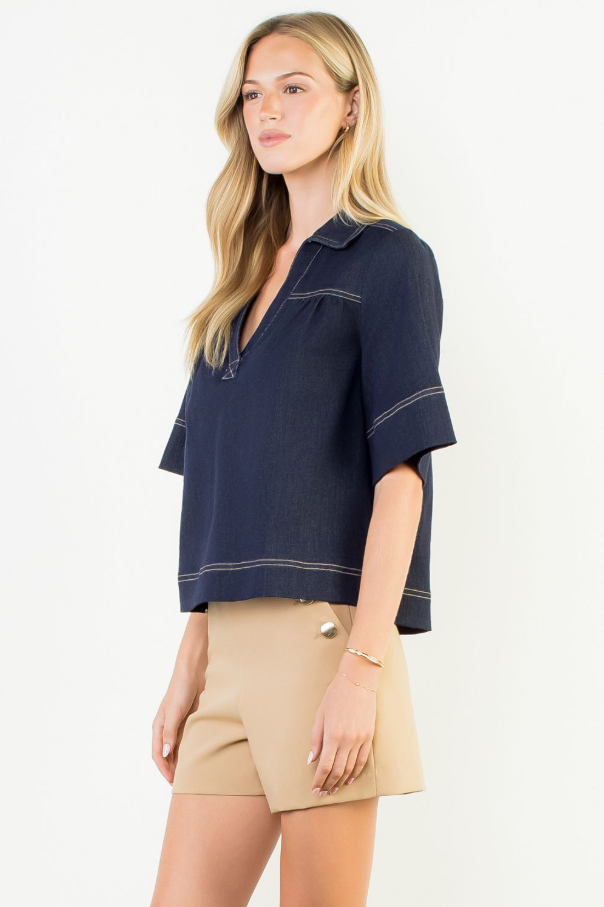 Denim V-Neck Top - 13 Hub Lane   |  Split Neck Tops