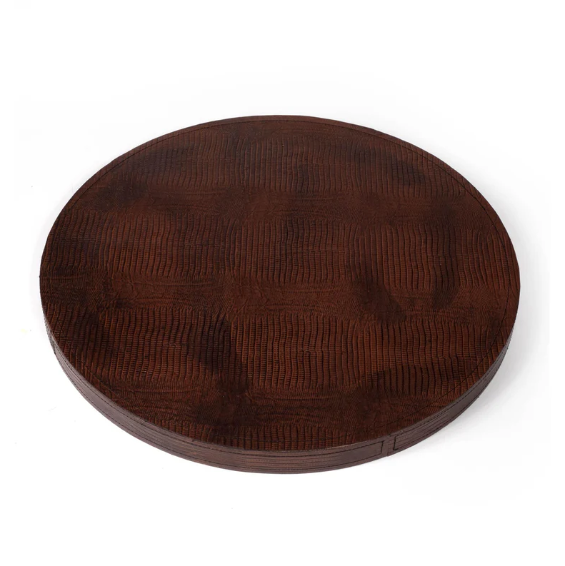 Polished Kudu Horn Table, Embossed Brown Leather