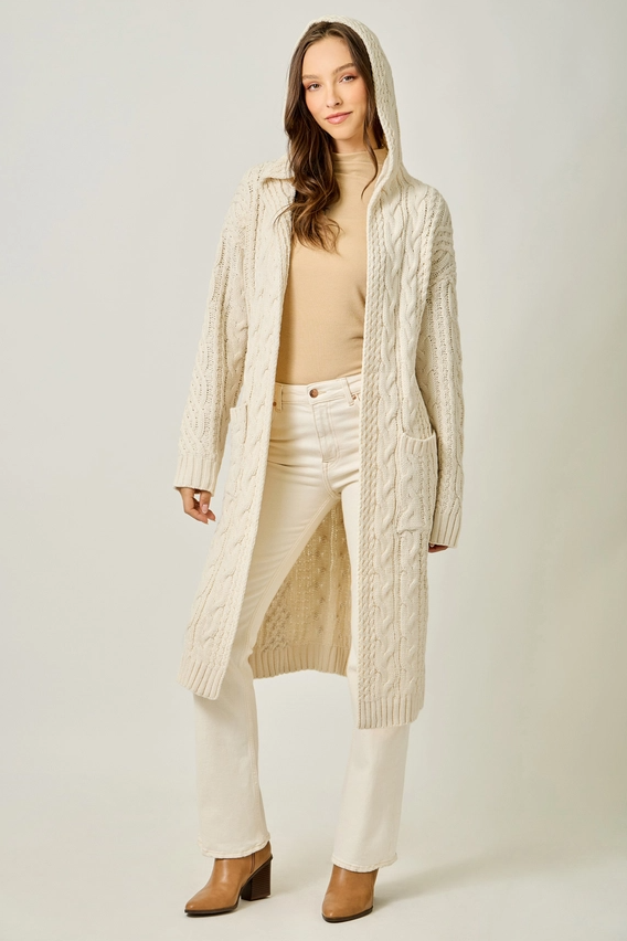 Open Long Hooded Cardigan, Almond