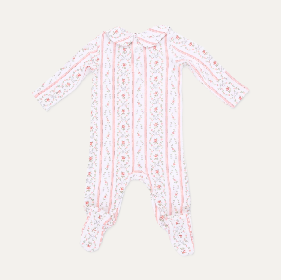Marnie Rosebud Stripe - Smocked Peter Pan Snap Footie