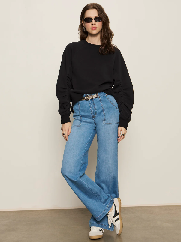 Shirred Sleeve Sweatshirt, Black