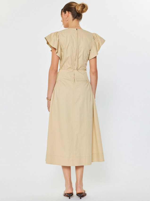 Ruffled Sleeve V-Neck Midi Dress, Sand - 13 Hub Lane   |  Midi Dresses