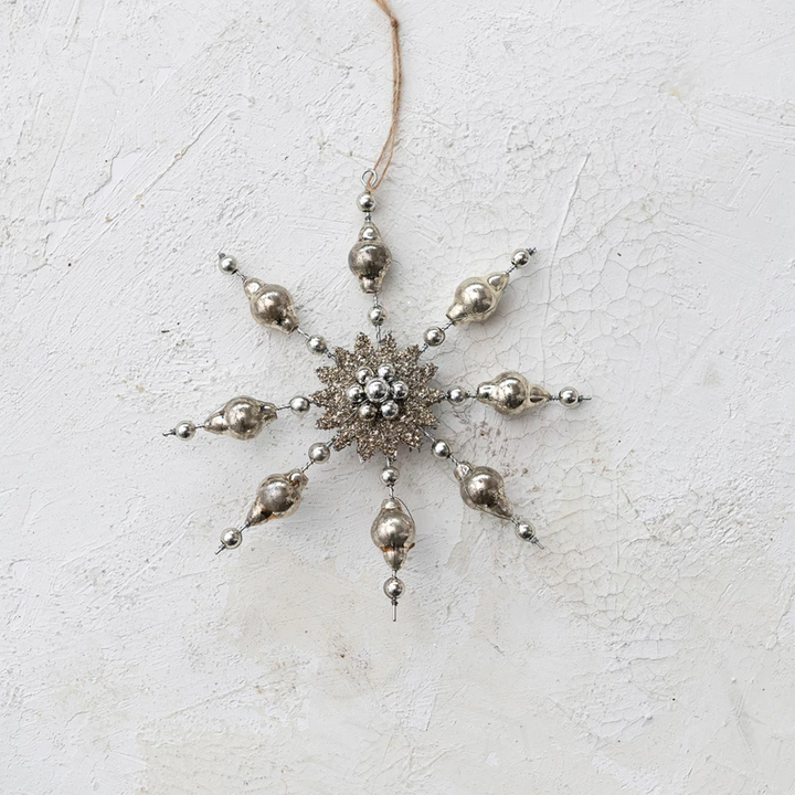 Mercury Glass Snowflake Ornament w/ Tinsel