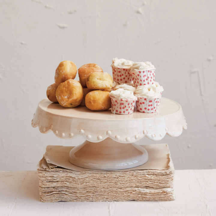 Hand-Painted Stoneware Pedestal w/ Scalloped Edge & Embossed Dots