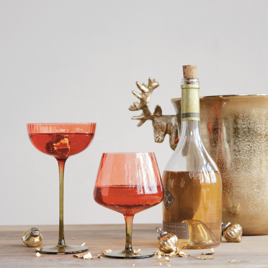 Ribbed Stemmed Glass, Red & Olive