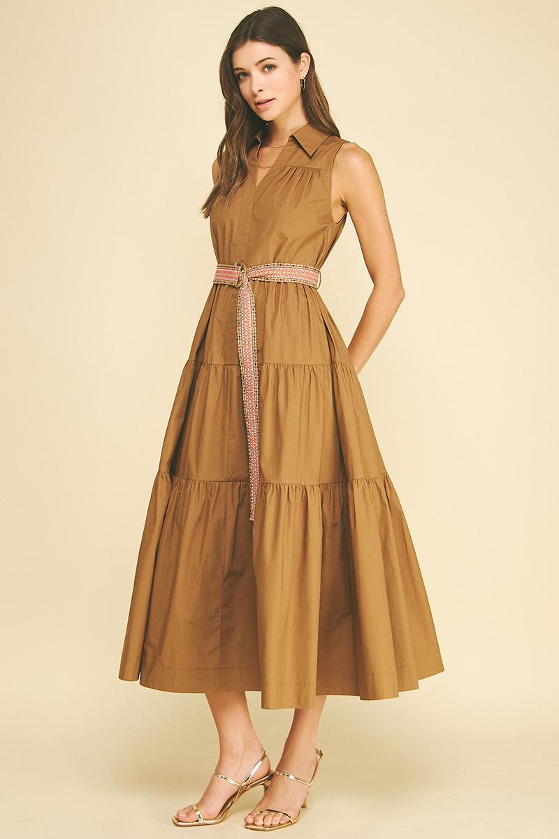 Tiered Midi Dress w/ Belt, Mocha