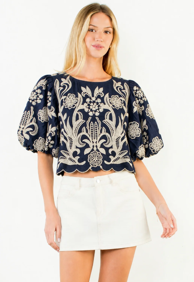 Embroidered Puff Sleeve Top, Navy