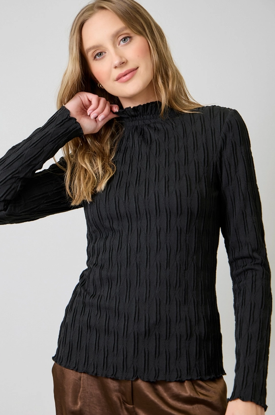 Lettuce Edge Textured Knit Top, Black