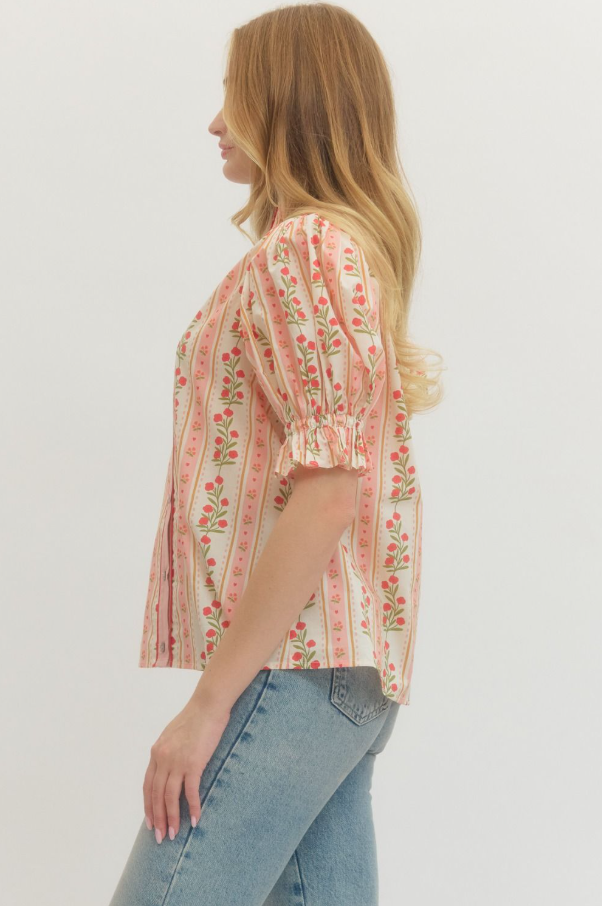 Floral Stripe Puff Sleeve Top, Red - 13 Hub Lane   |  