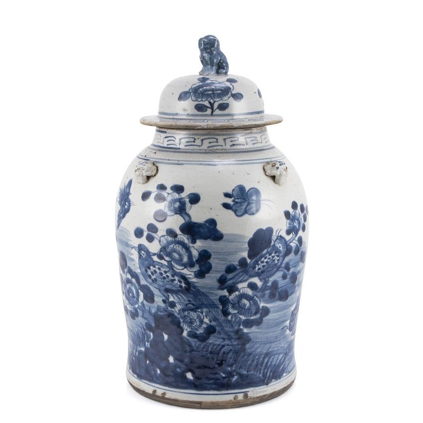 Vintage Temple Jar Flower Bird Motif
