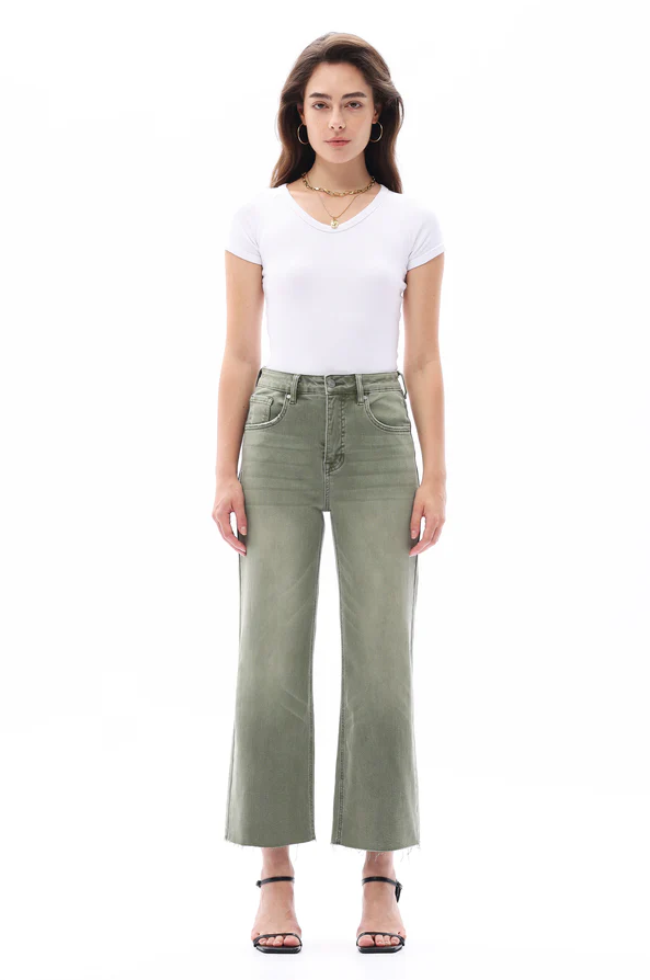 High Rise Wide Leg Denim Jeans, Green