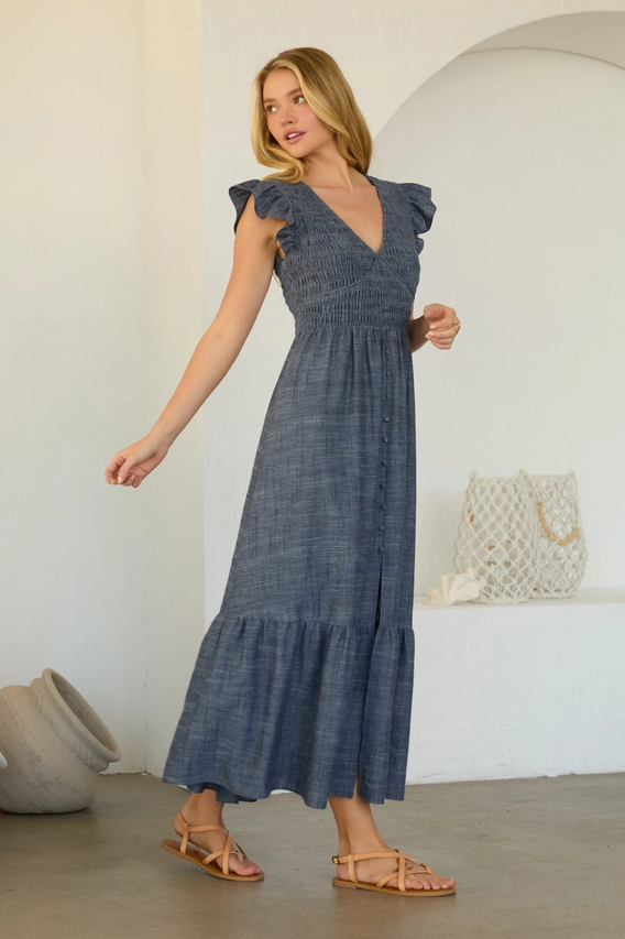 Smocked Flutter Sleeve Chambray Dress, Denim Blue