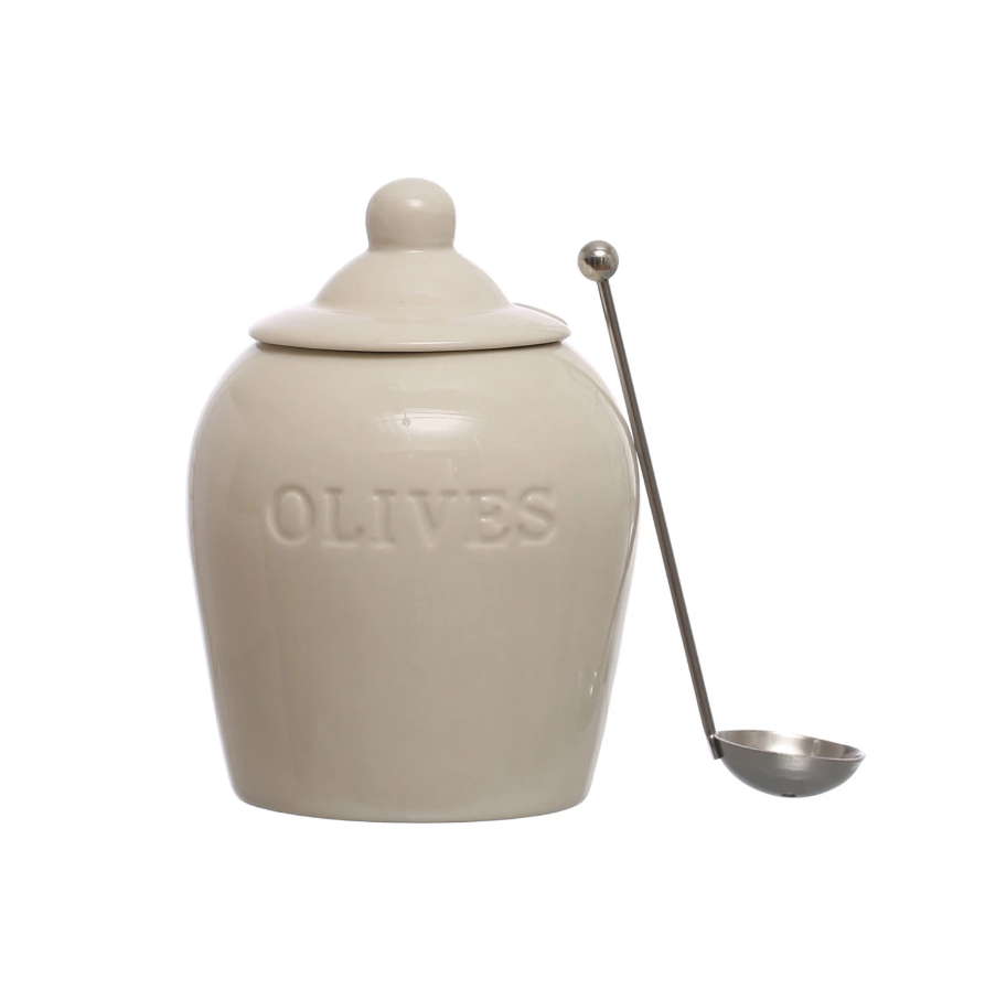 Debossed Stoneware Olive Jar w/ Spoon - 13 Hub Lane   |  