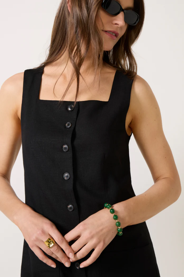 Posh Button Linen Dress, Black