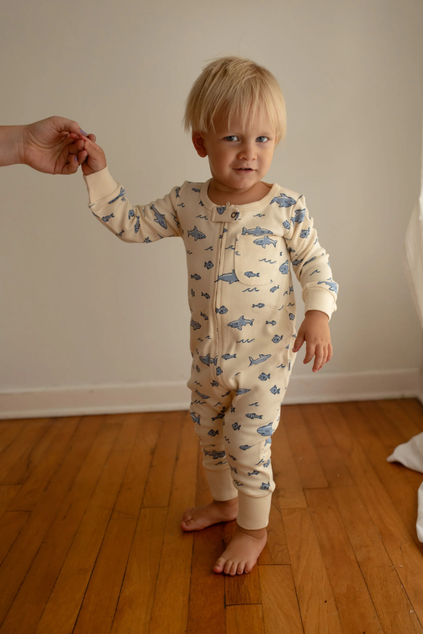 Organic Footless 2-Way Zipper Romper, Sharks