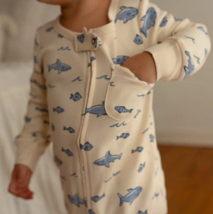 Organic Footless 2-Way Zipper Romper, Sharks