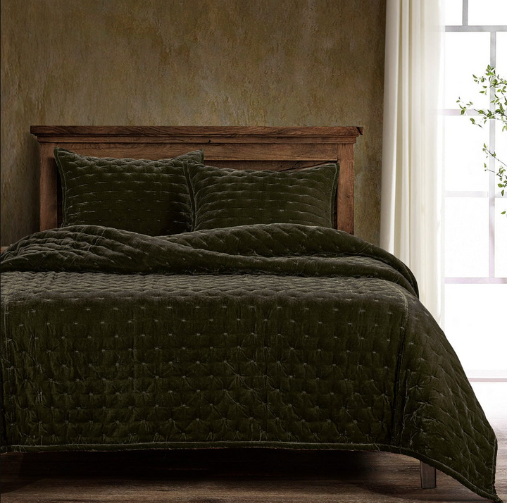 Stella Faux Silk Velvet Pintuck 3PC Quilt Set, Fern Green - 13 Hub Lane   |  Matching Bedding