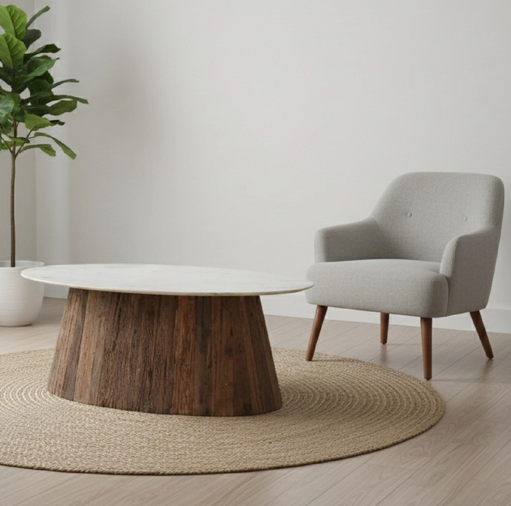 Oval Wood Coffee Table w/ Marble Top - 13 Hub Lane   |  Coffee Tables