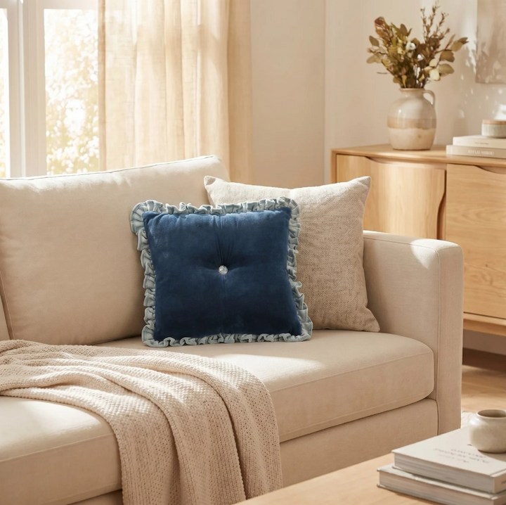 Tufted Lumbar w/ Ruffle & Patterned Button, Blue