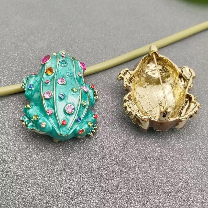 Inlaid Enamel & Rhinestone Frog Brooch