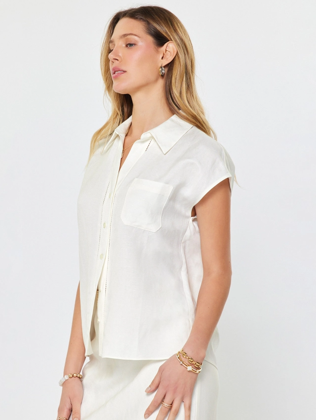 Linen Blend Cap Sleeve Blouse, White - 13 Hub Lane   |  Button-Ups