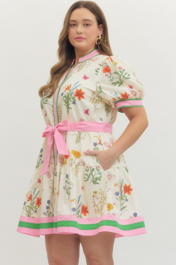 Floral Self-Tie Mini Dress, Cream - 13 Hub Lane   |  