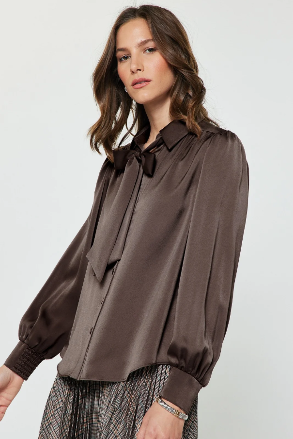 Satin Bow Tie Button-Up, Brown