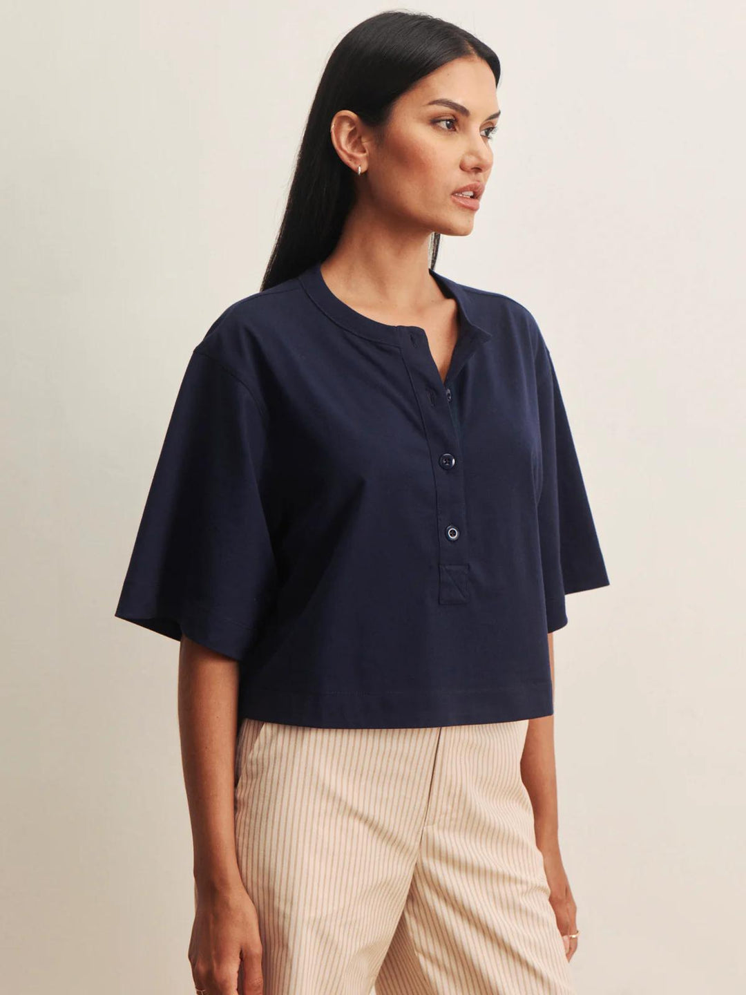 Freya Placket Tee, Navy Blazer